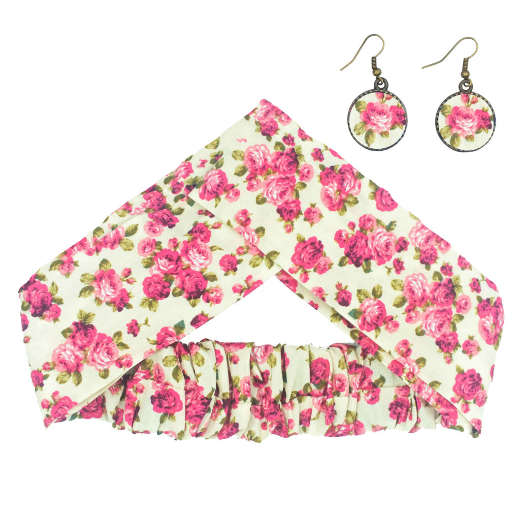 Ensemble Bandeau Croisé Torsadé & Boucles d'Oreilles Crème & Rose pour Femme