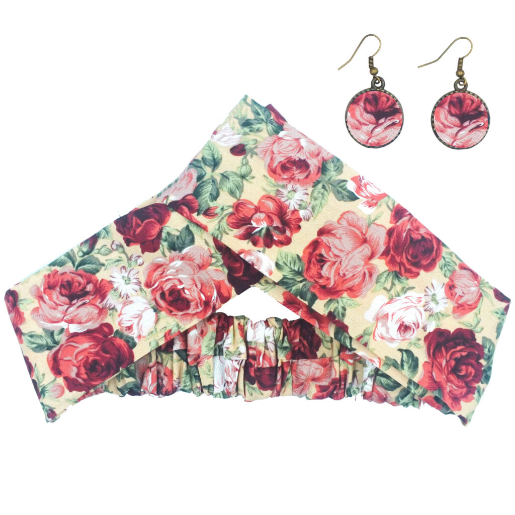 Ensemble Bandeau Croisé Torsadé & Boucles d'Oreilles Floral Crème pour Femme