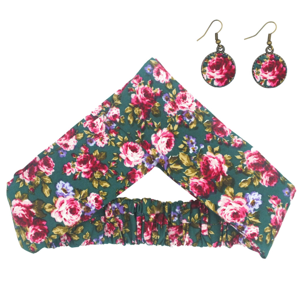 Ensemble Bandeau Croisé Torsadé & Boucles d'Oreilles Floral Vert pour Femme