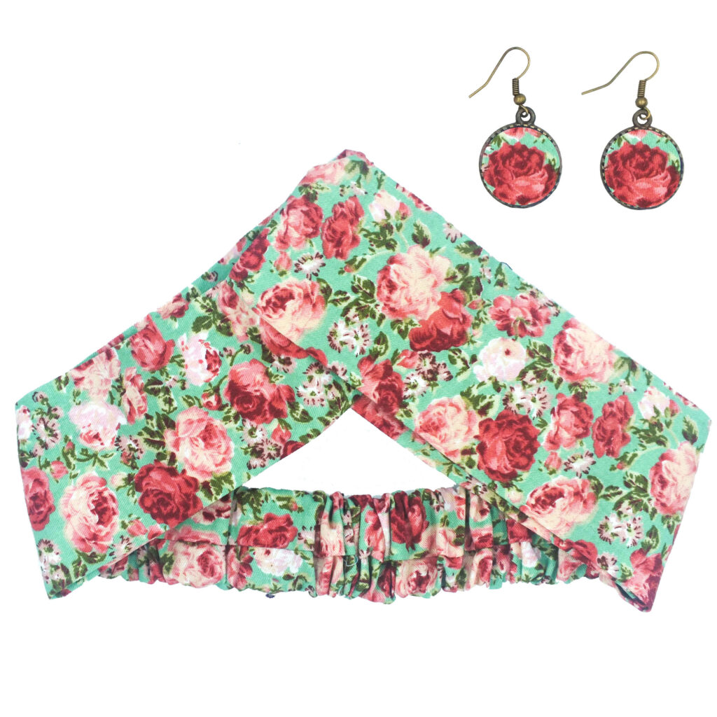 Ensemble Bandeau Croisé Torsadé & Boucles d'Oreilles Floral Vert Clair pour Femme