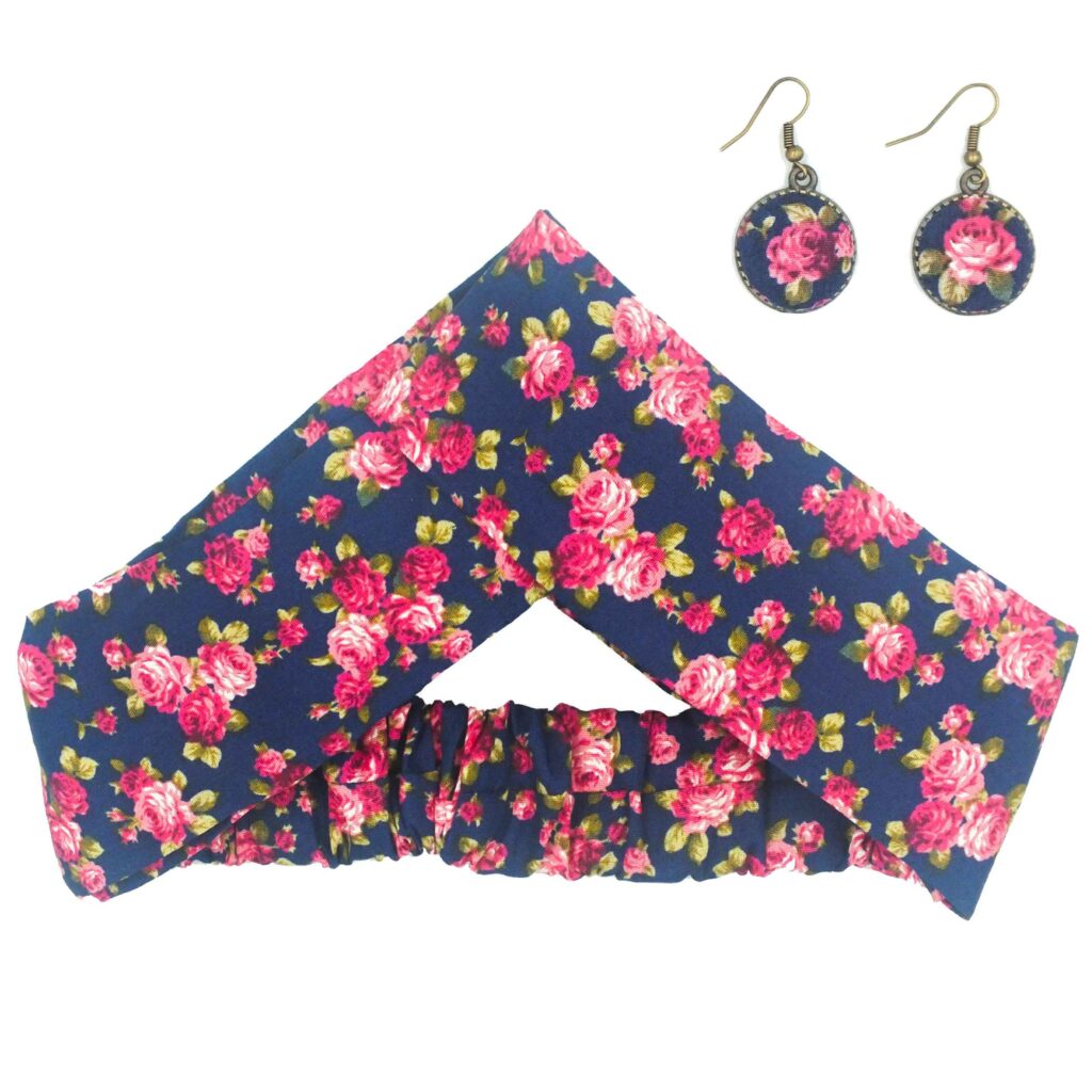 Ensemble Bandeau Croisé Torsadé & Boucles d'Oreilles Floral Bleu Marine pour Femme
