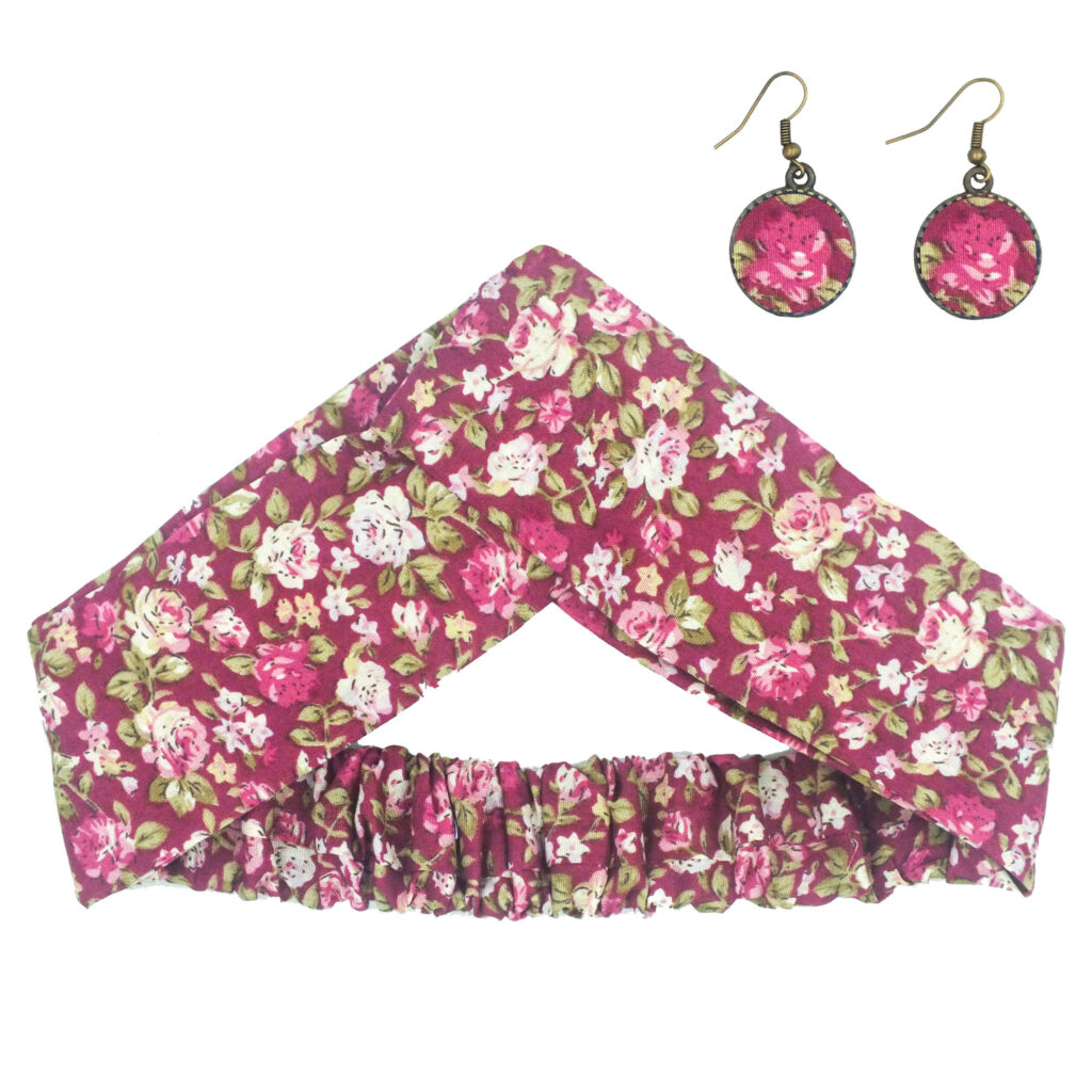 Ensemble Bandeau Croisé Torsadé & Boucles d'Oreilles Floral Rose pour Femme