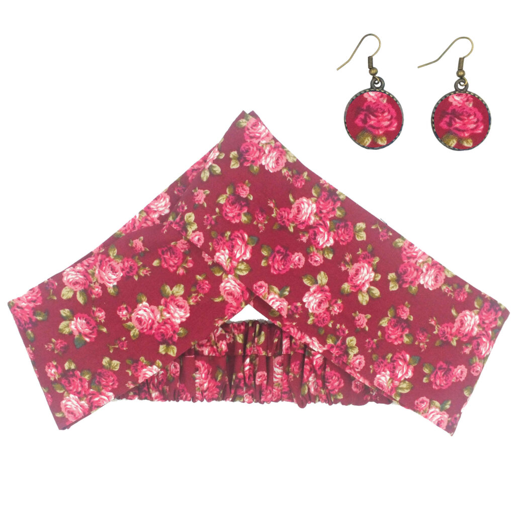 Ensemble Bandeau Croisé Torsadé & Boucles d'Oreilles Floral Rouge pour Femme