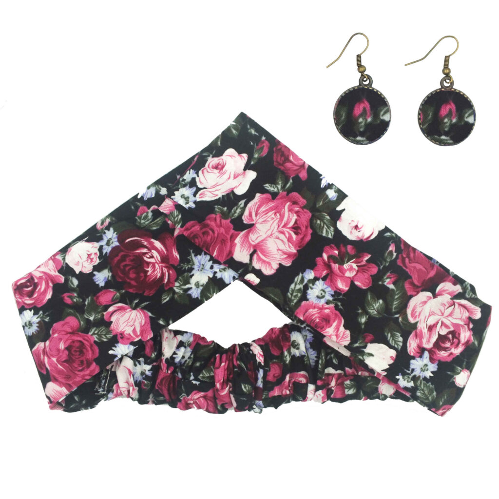 Ensemble Bandeau Croisé Torsadé & Boucles d'Oreilles Rose & Noir pour Femme