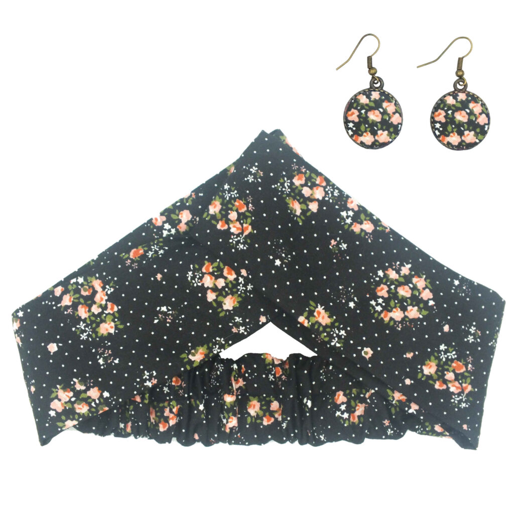 Ensemble Bandeau Croisé Torsadé & Boucles d'Oreilles Pois de Senteur Noir pour Femme