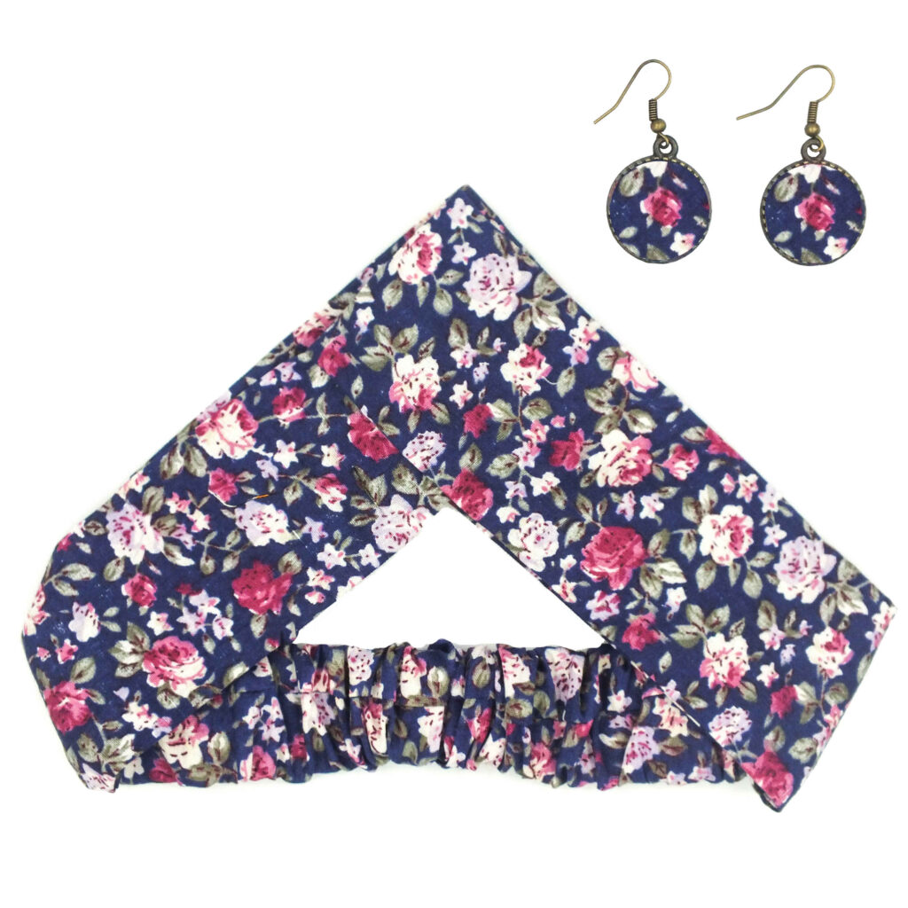 Ensemble Bandeau Torsadé & Boucles d'Oreilles Floral Bleu Marine avec Fleurs Roses pour Femme