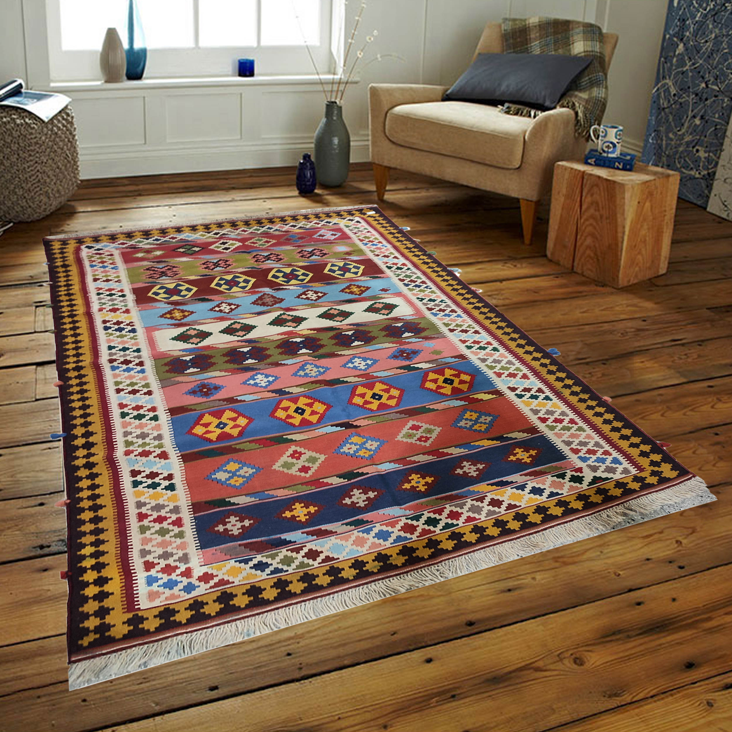 Tapis Kilim en laine persane authentique tissé à la main à Shiraz Qashqai