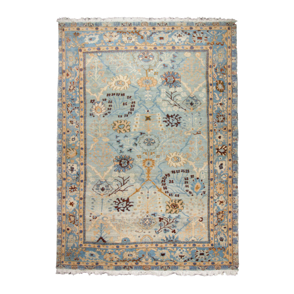 Tapis persan en laine noué à la main à Ispahan bordure florale bleu clair