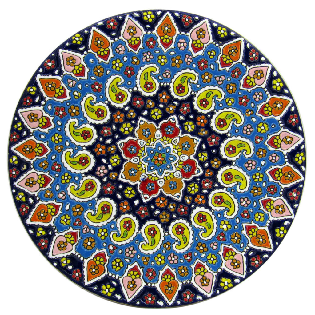 Plaque en céramique décorative peinte à la main avec émail persan Minakari Boteh Jogeh
