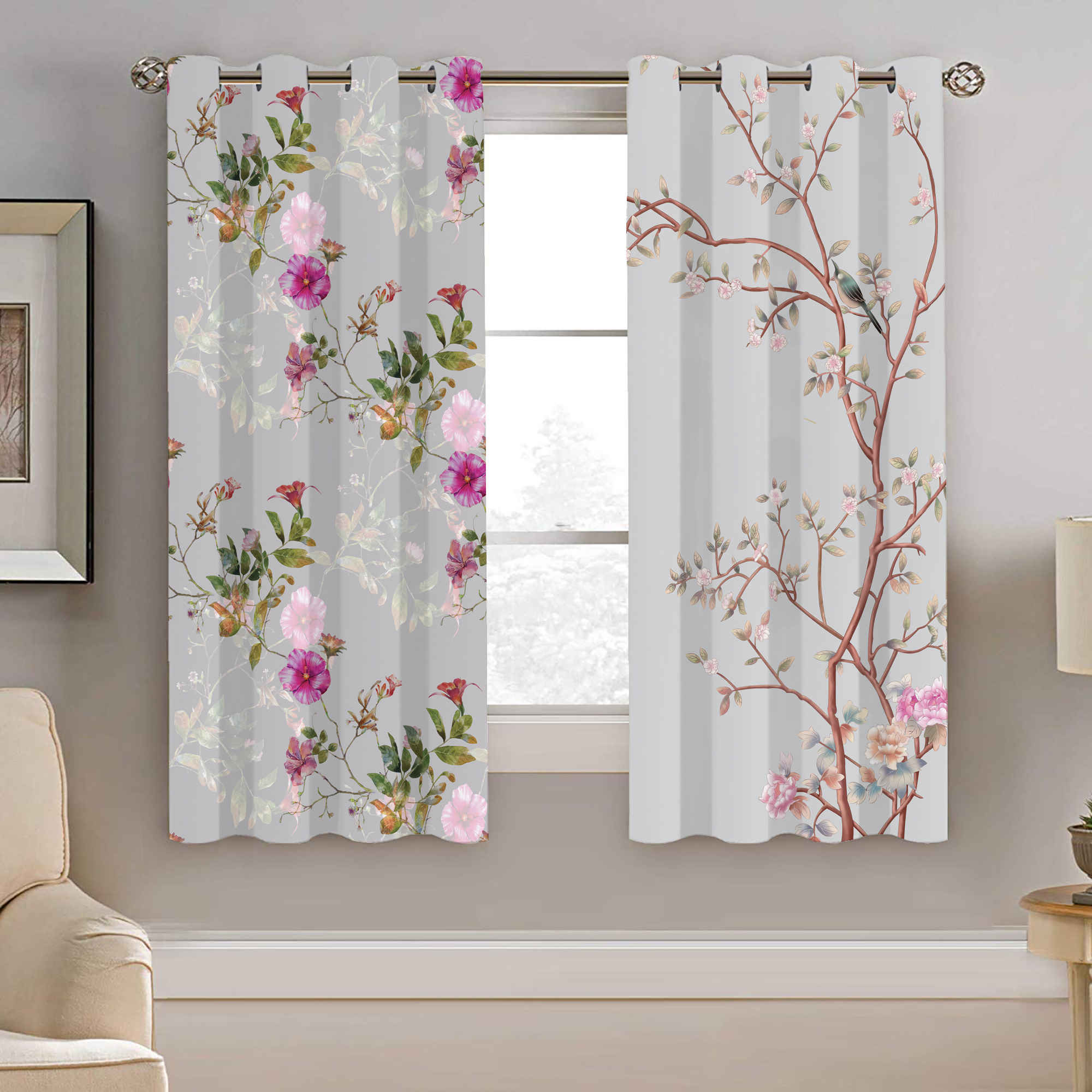 Rideau Œillets en Velours Imprimé – Floral Printemps (190x140 cm)