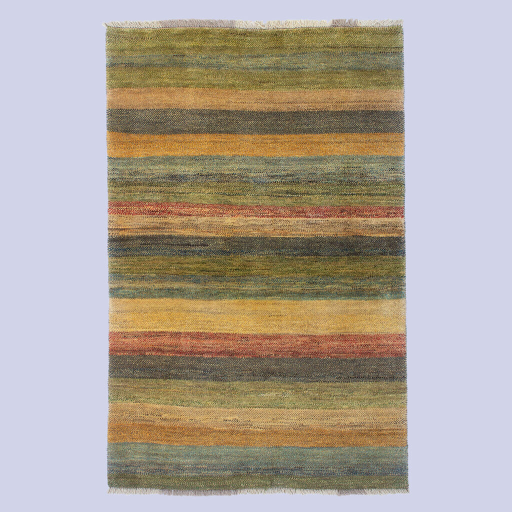 Tapis Gabbeh en laine persane véritablement tissé à la main rayé vert