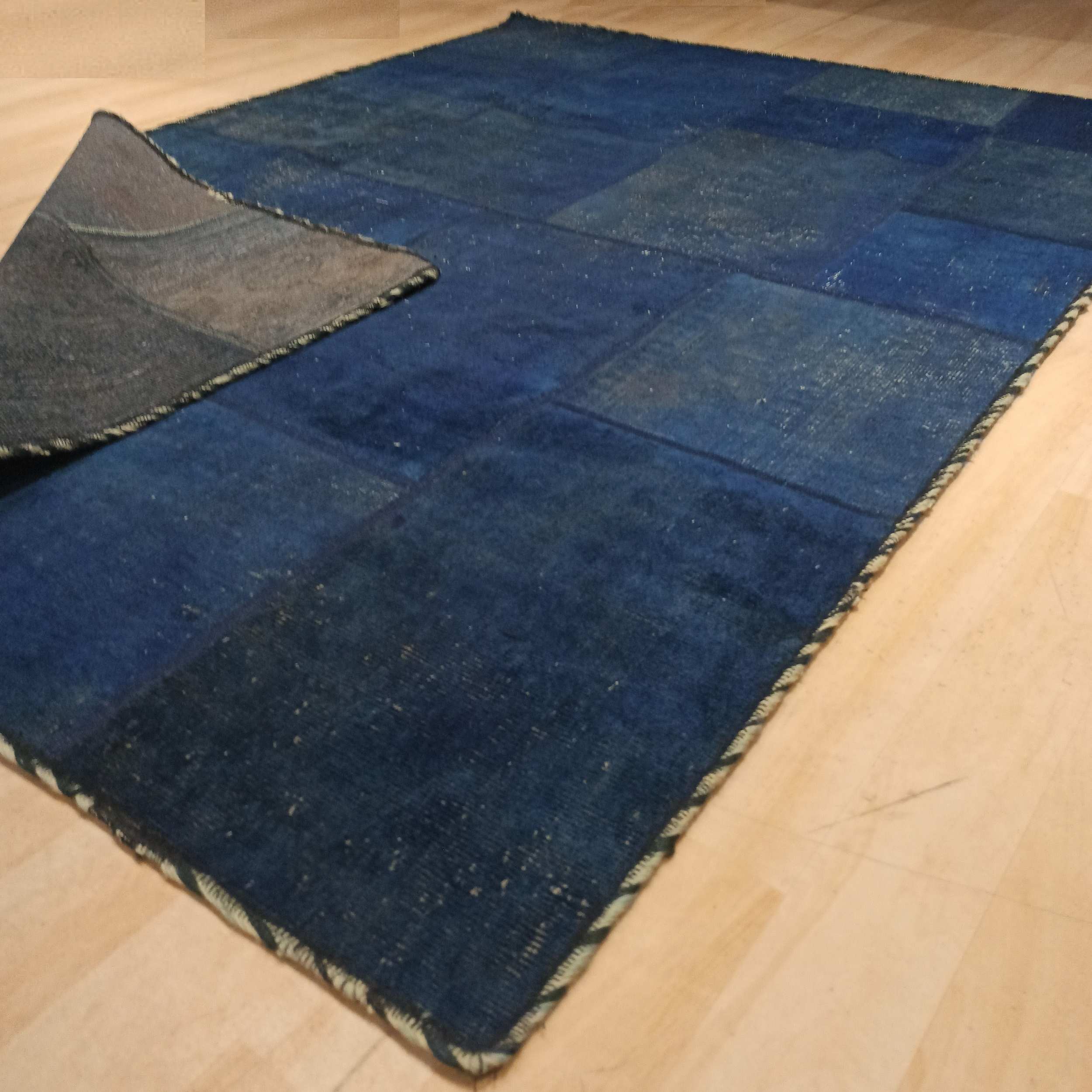 Tapis Persan Vintage Patchwork Noué à la Main Bleu Marine