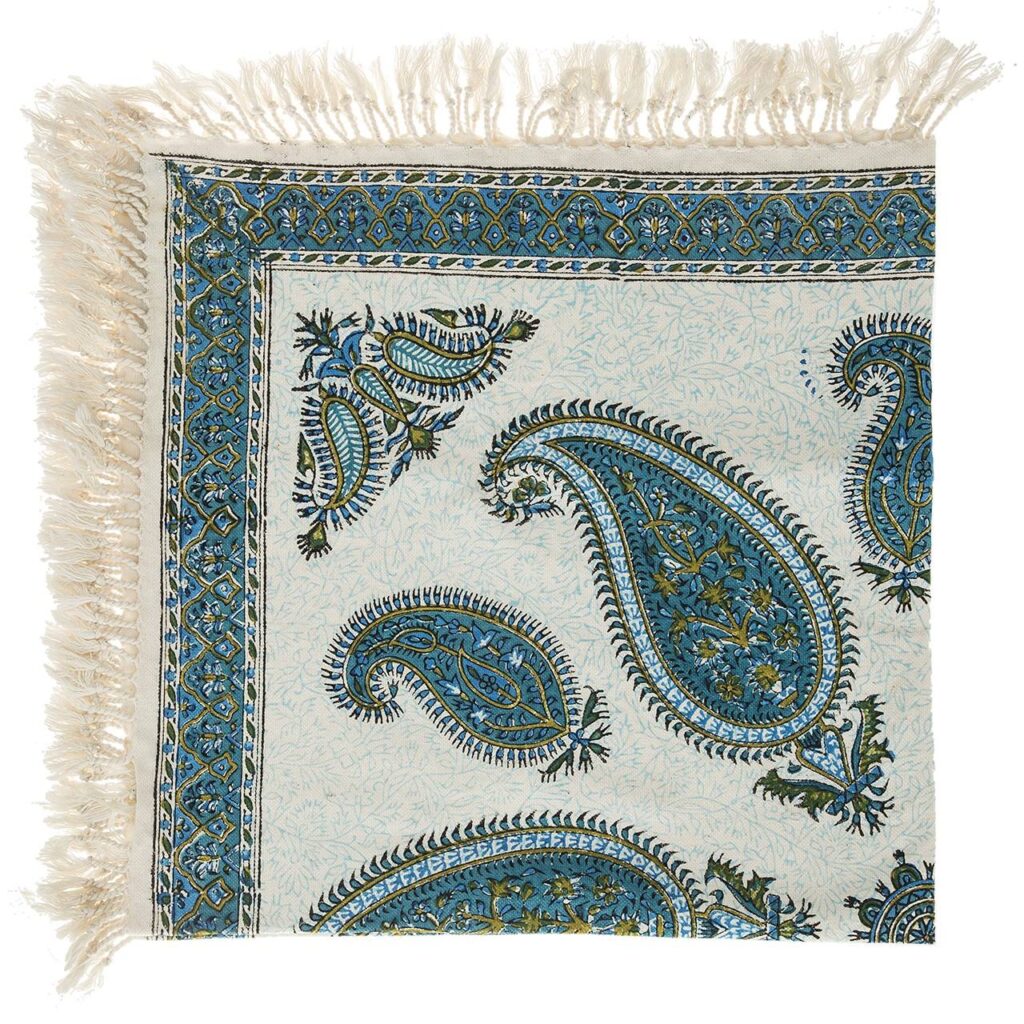 Nappe Iranienne : Imprimée au Bloc Traditionnel Kalamkari d'Ispahan - Modèle Bleu