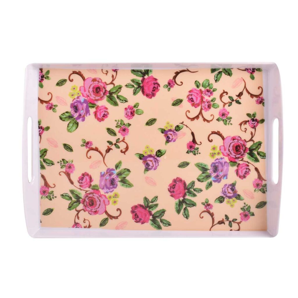 Plateau de service en mélamine léger et durable, design fleurs roses