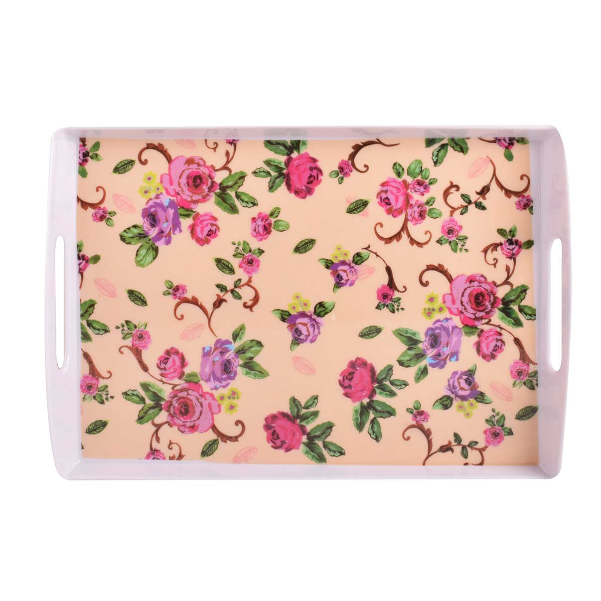 Plateau de service en mélamine léger et durable, design fleurs roses