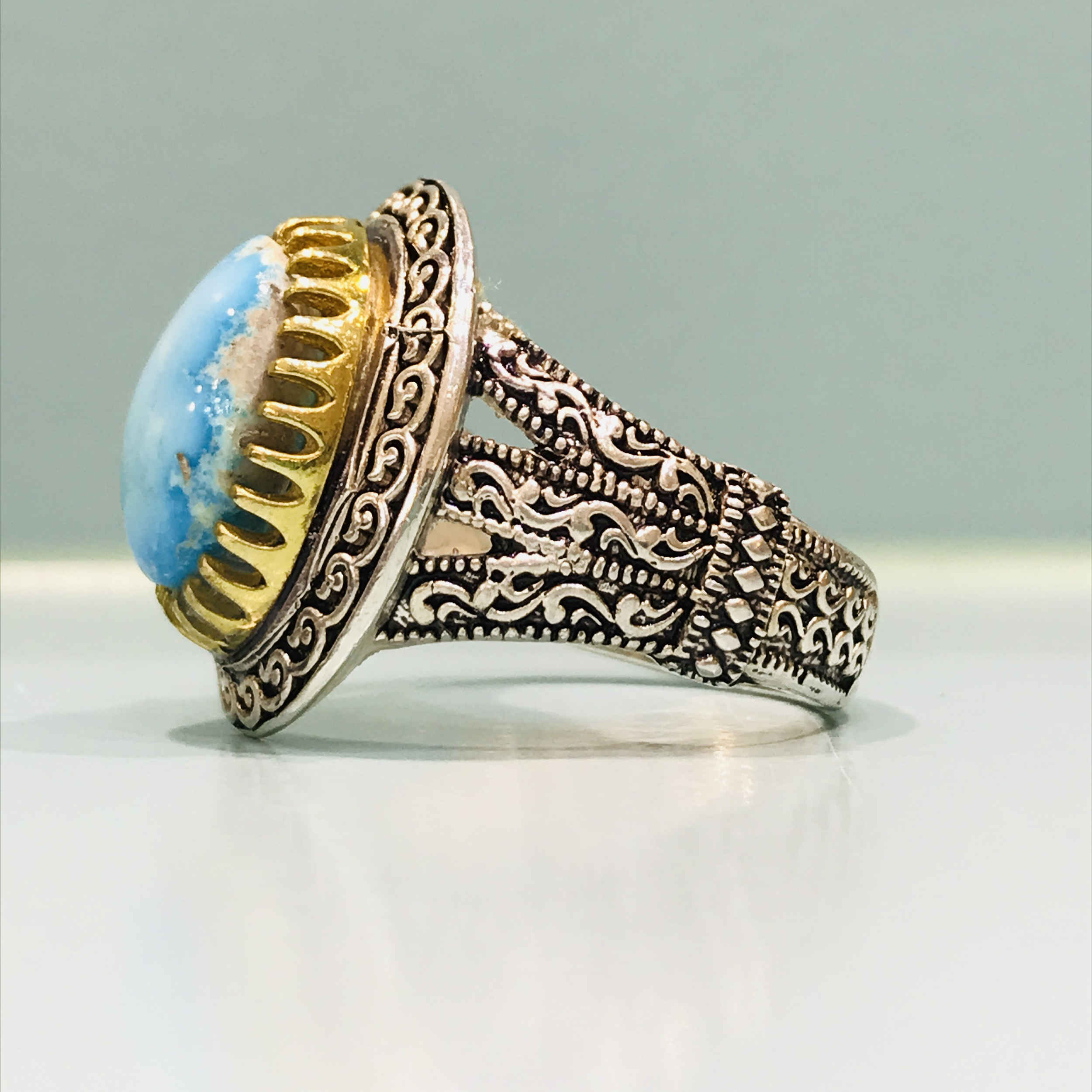 Bague Gravée en Argent Persan Faite Main pour Homme avec Turquoise de Neyshabur
