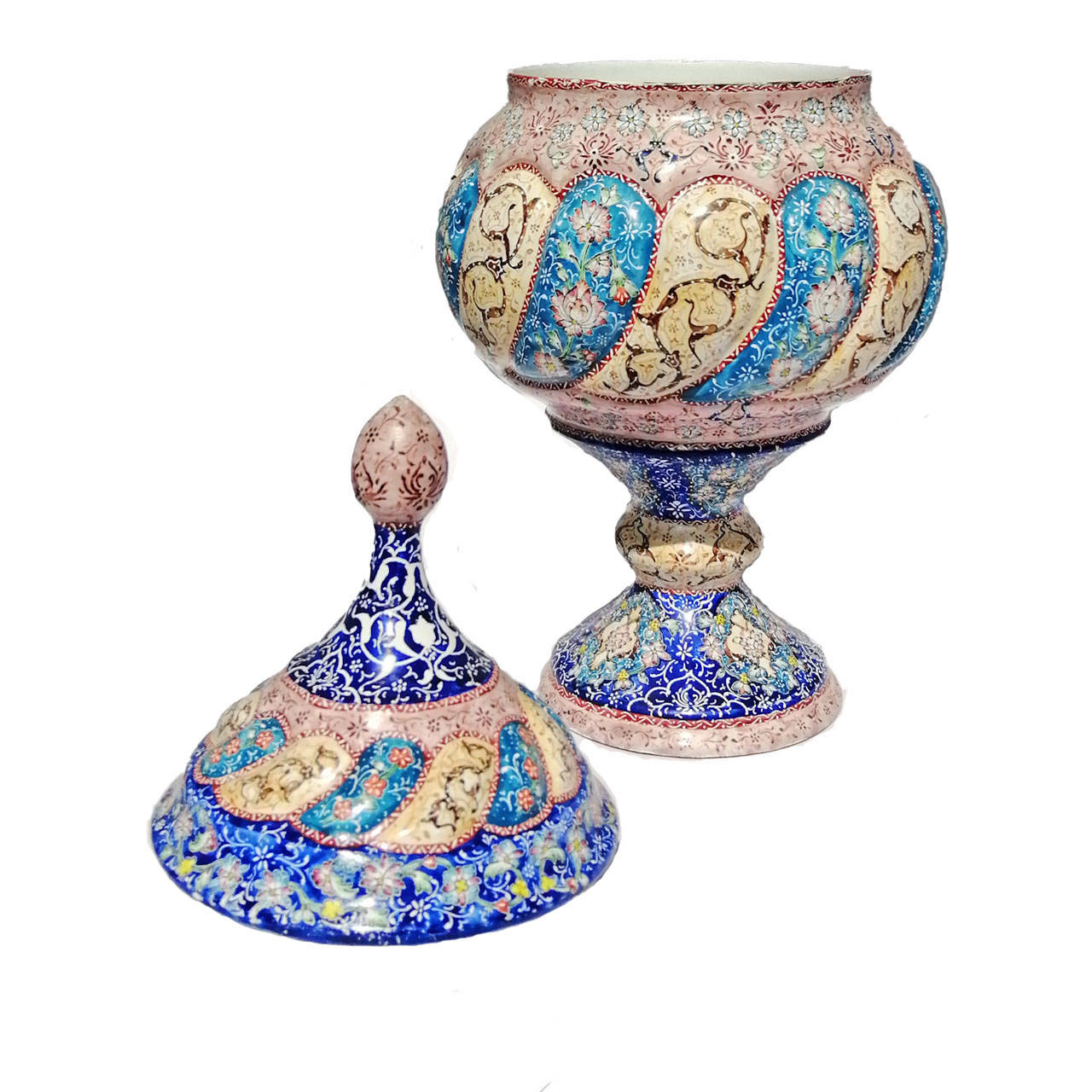 Sucrier persan artisanal en cuivre avec couvercle – Émail Minakari Moj