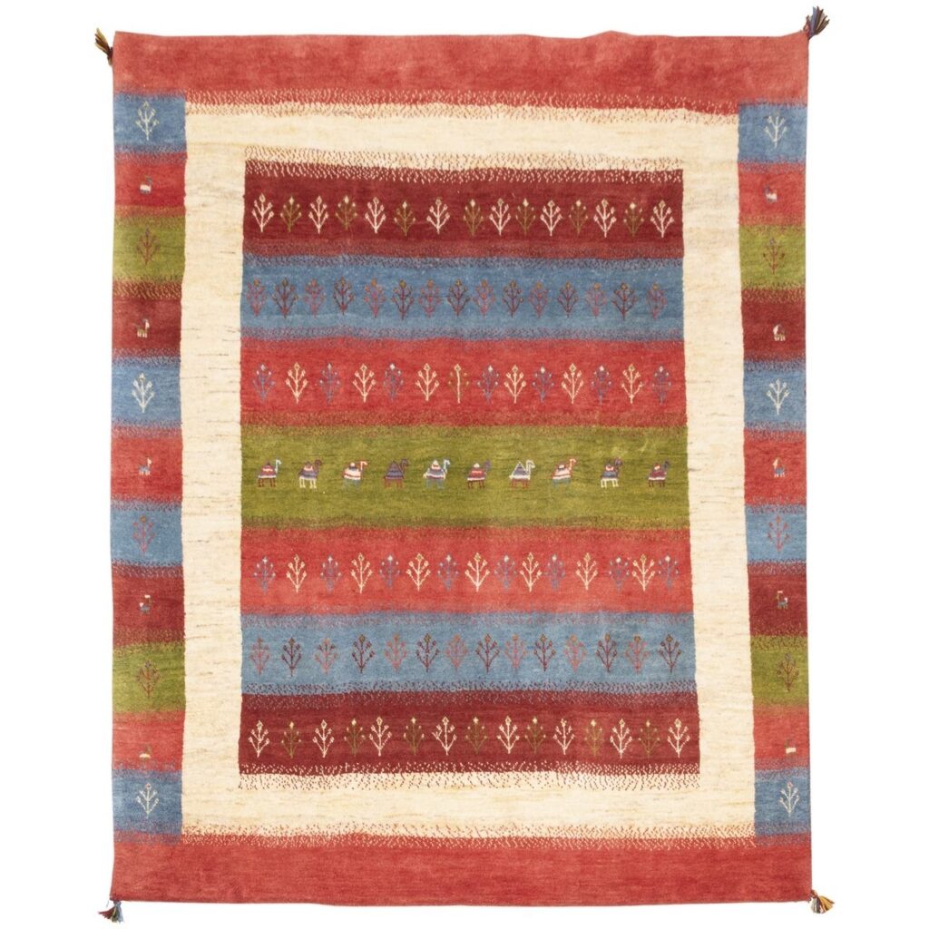 Tapis Gabbeh en laine persane tissé à la main en Fars motifs animaliers arbres