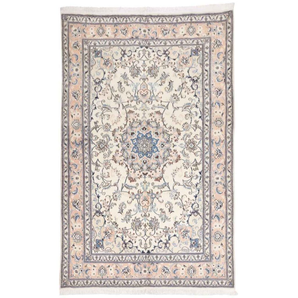 Tapis persan original en soie noué à la main à Tabas Médaillon floral crème