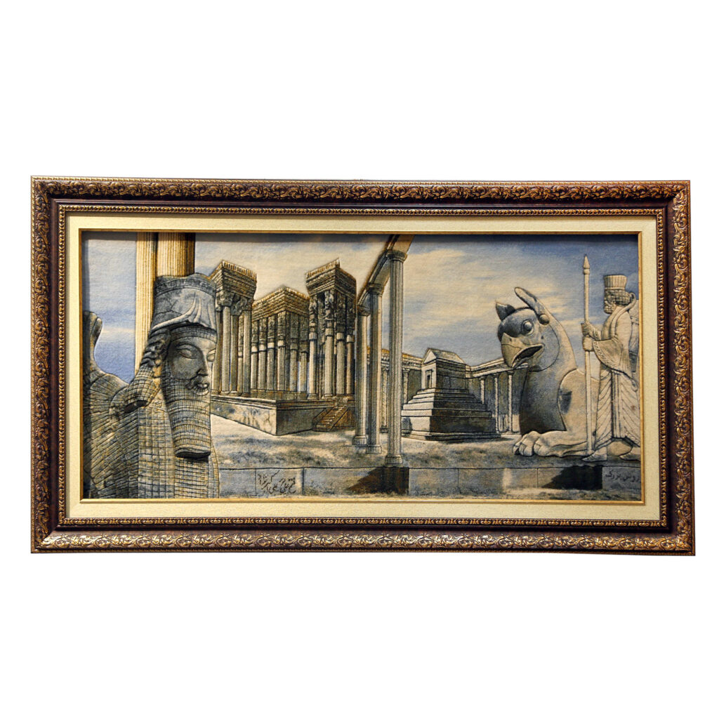 Tapis persan figuratif noué à la main de Tabriz représentant Persépolis