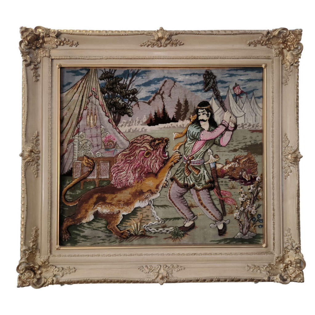 Tapis persan figuratif noué à la main représentant Bahram Gur