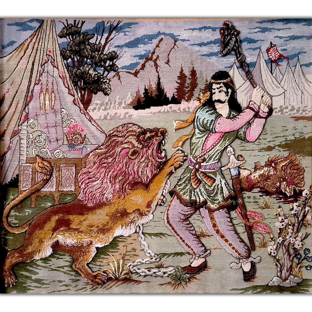 Tapis persan figuratif noué à la main représentant Bahram Gur