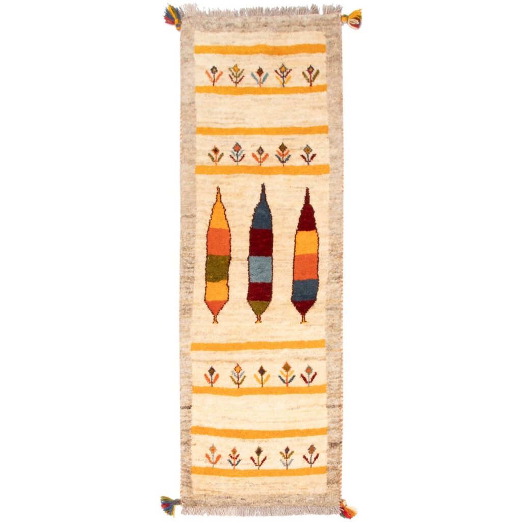 Tapis couloir Gabbeh en laine persane tissé à la main en Fars crème
