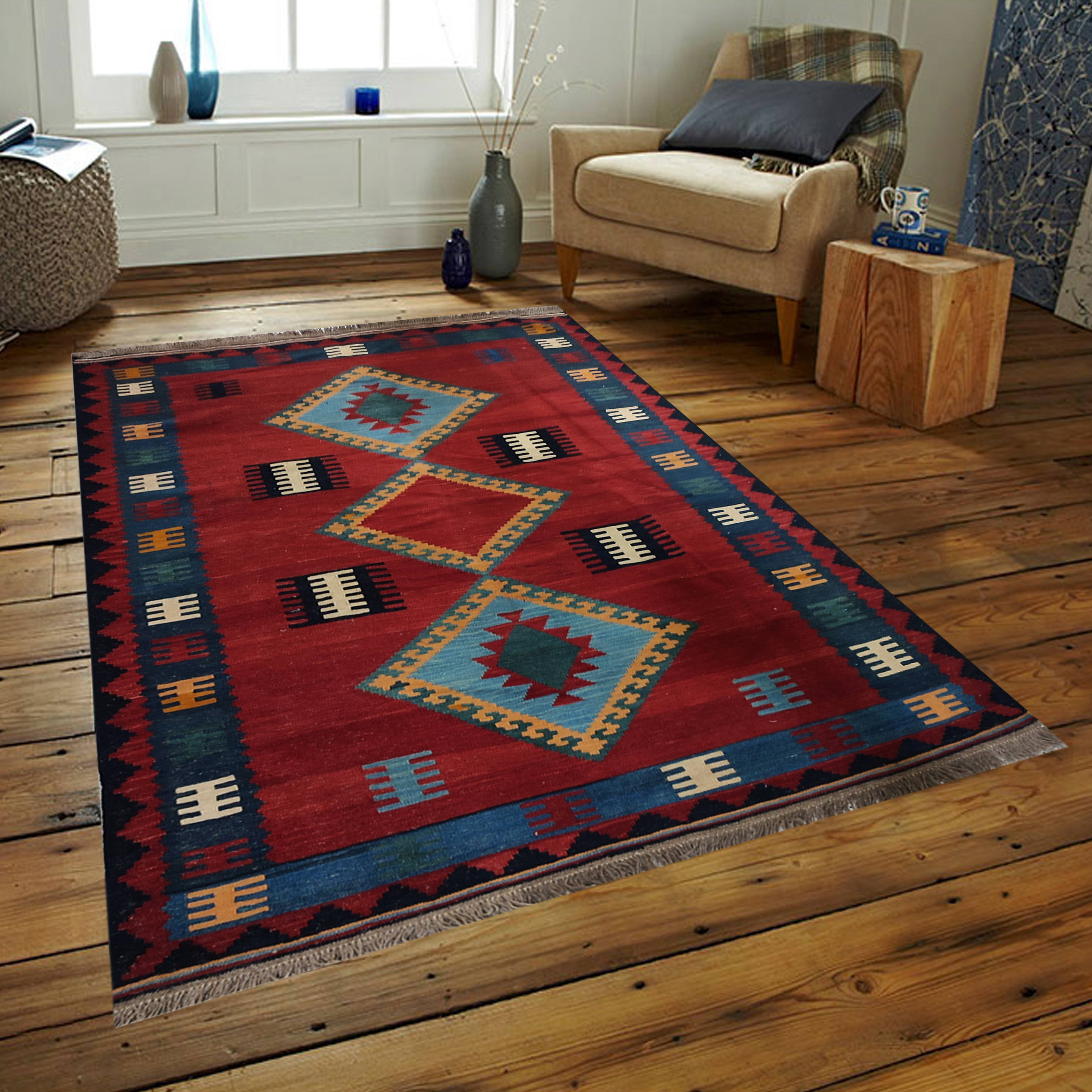 Tapis Kilim en laine persane tissé à la main à Shiraz Soumak rouge
