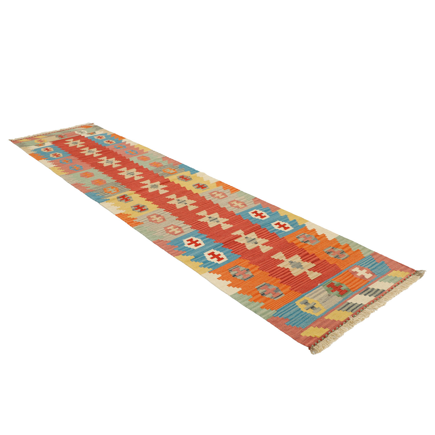 Tapis de Couloir Kilim Persan en Laine Tissé à la Main à Fars Qashqai Rouge