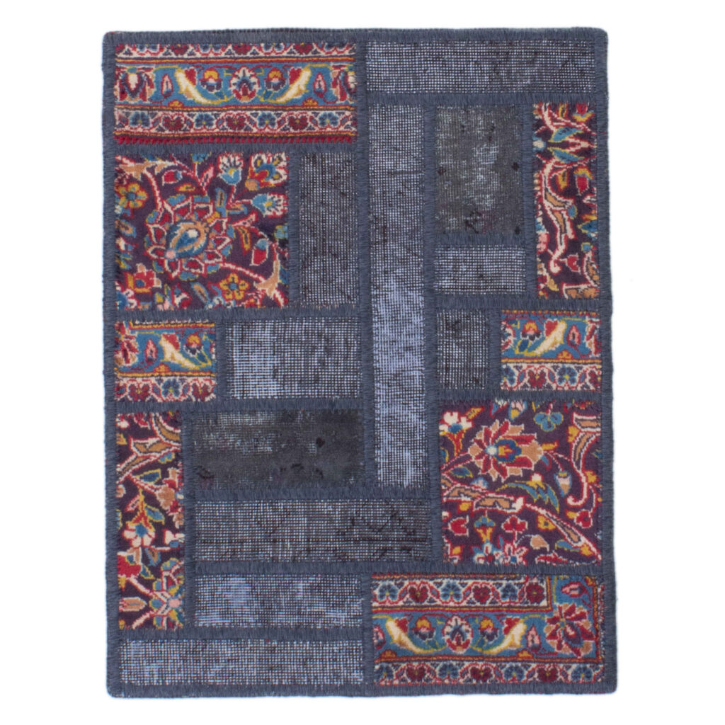 Tapis Persan Vintage Patchwork Noué à la Main Bleu Marine