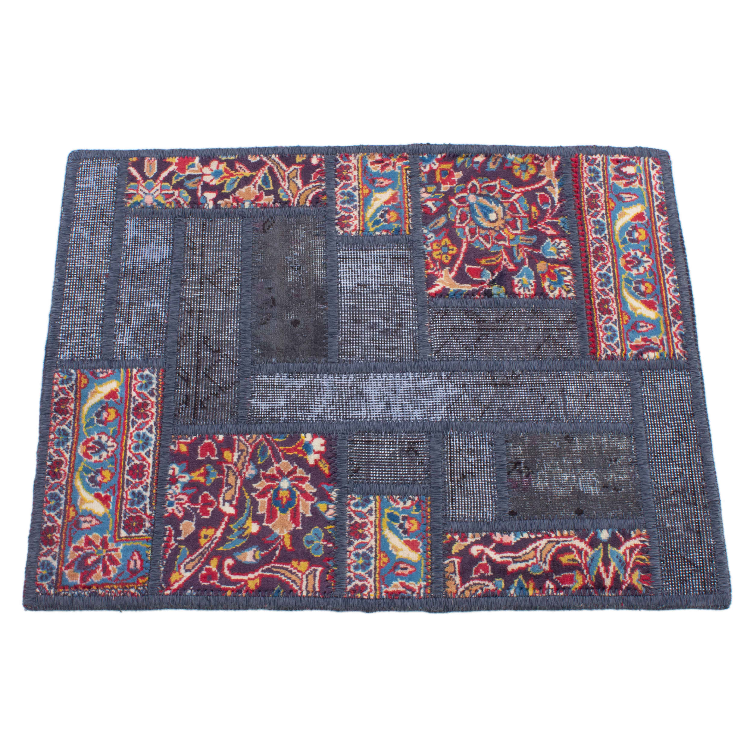 Tapis Persan Vintage Patchwork Noué à la Main Bleu Marine