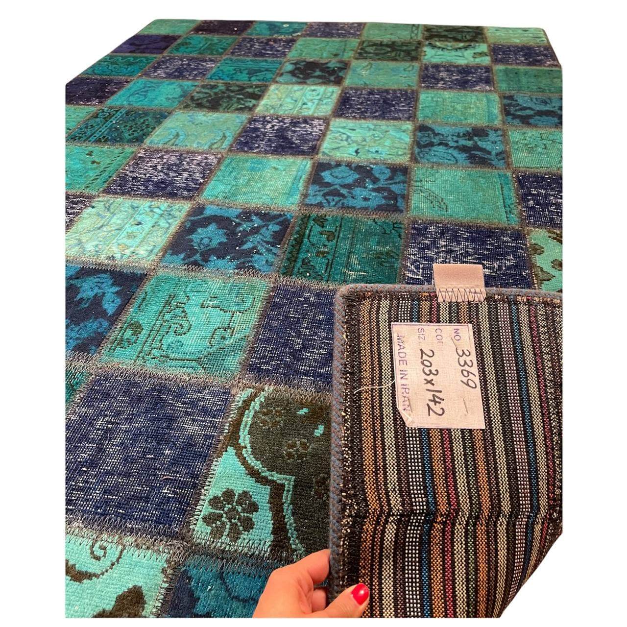 Tapis Persan Patchwork Noué à la Main à Carreaux Bleu