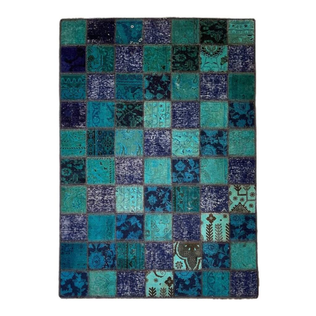 Tapis Persan Patchwork Noué à la Main à Carreaux Bleu