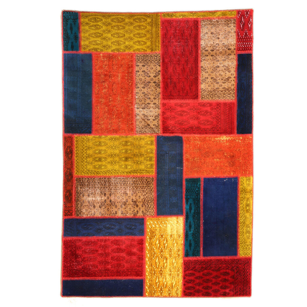 Tapis Persan Vintage Patchwork Noué à la Main Géométrique