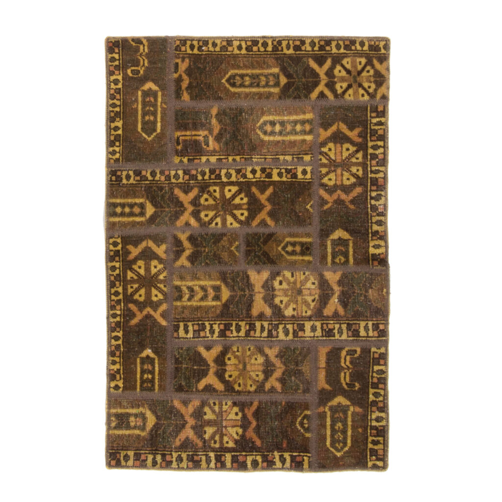 Tapis Persan Vintage Patchwork Noué à la Main Géométrique Marron