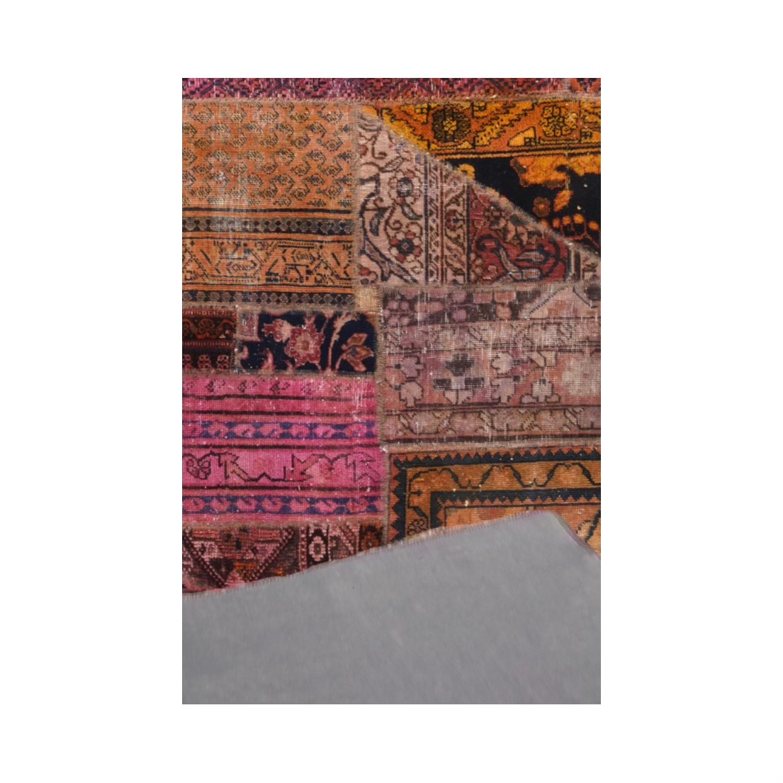 Tapis Persan Vintage Patchwork Noué à la Main Géométrique Rose