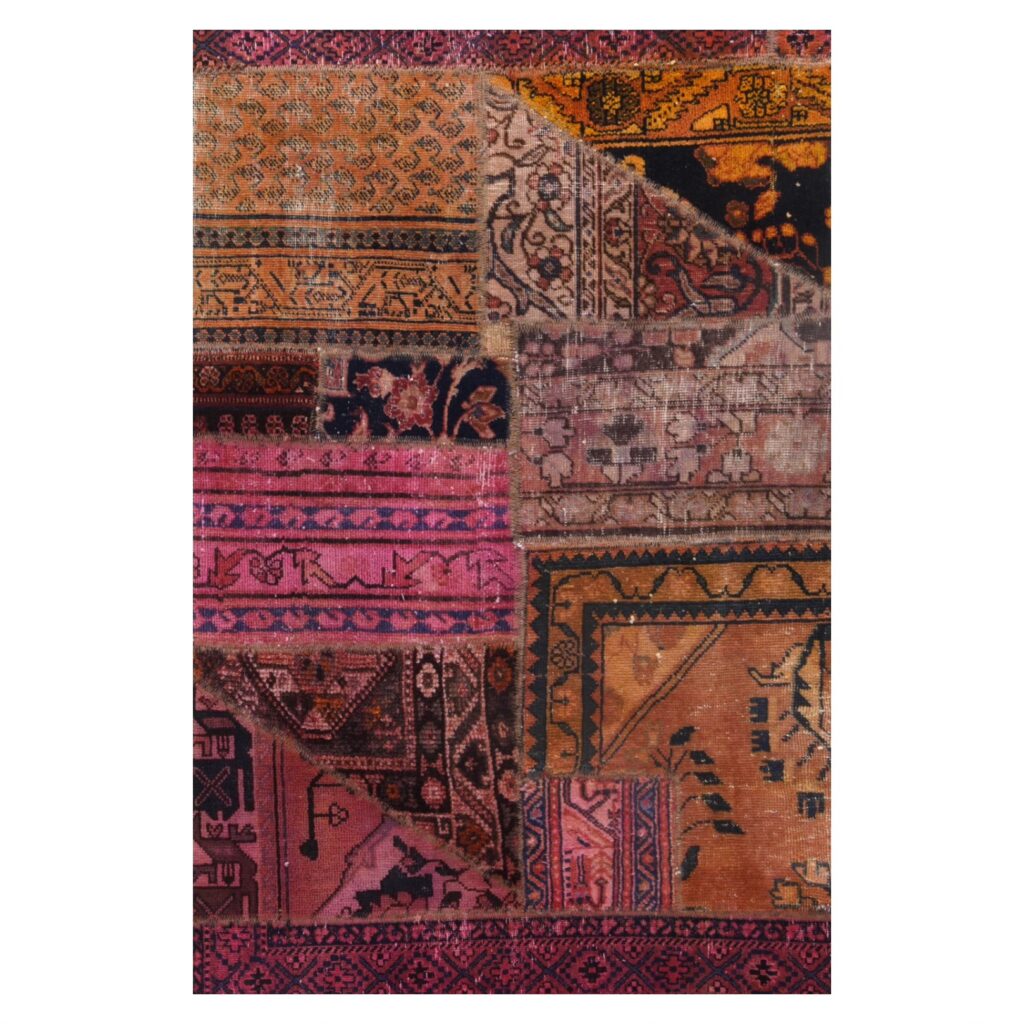 Tapis Persan Vintage Patchwork Noué à la Main Géométrique Rose