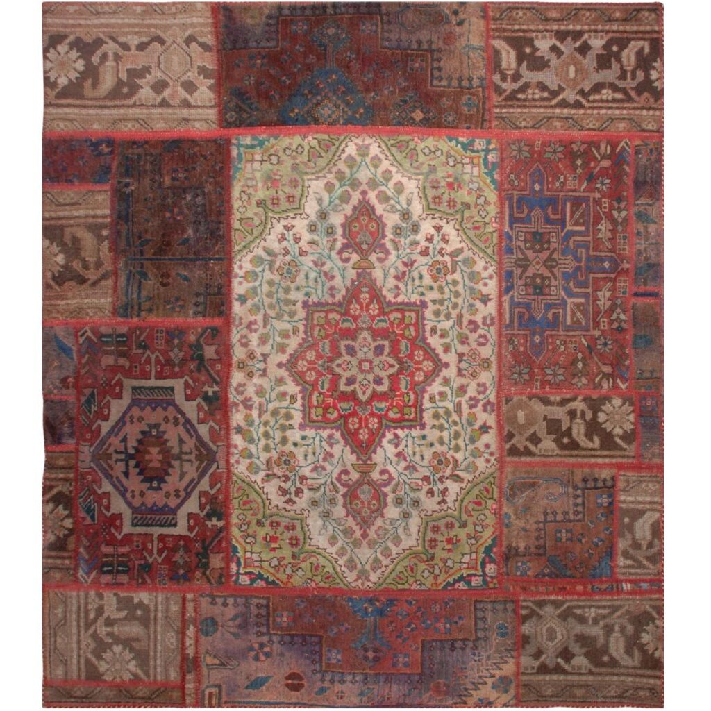 Tapis Persan Vintage Patchwork Noué à la Main Toranj Rouge