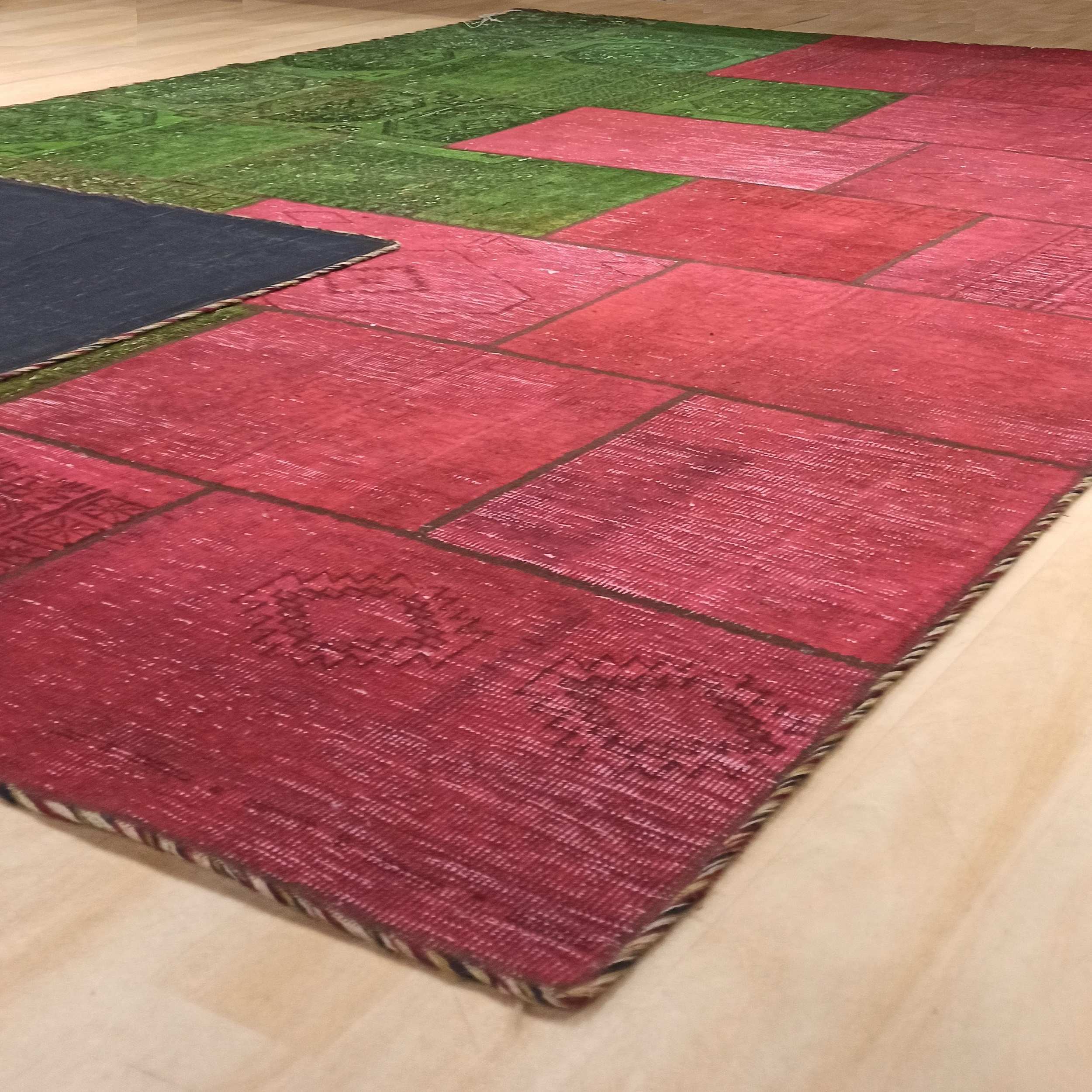 Tapis Persan Vintage Patchwork Noué à la Main Rose & Vert