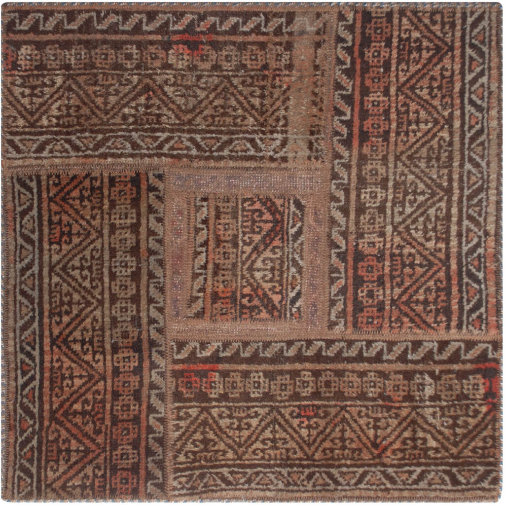 Tapis Persan Vintage Patchwork Noué à la Main Carré Marron