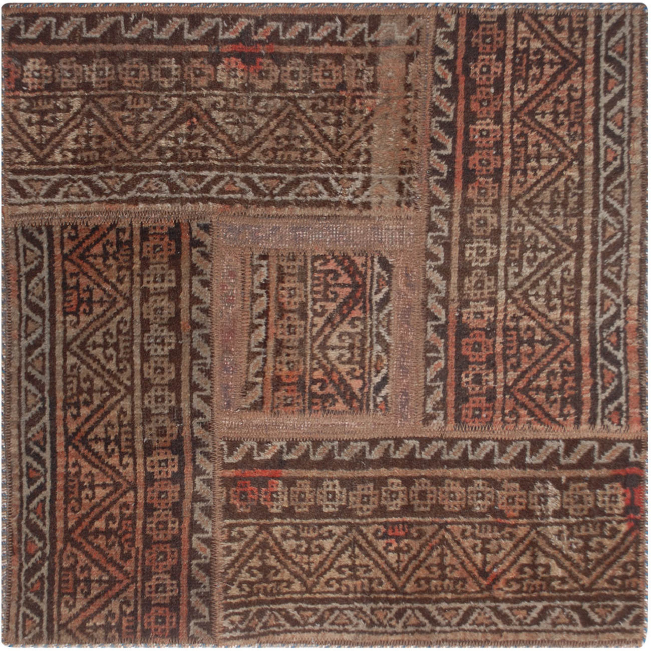 Tapis Persan Vintage Patchwork Noué à la Main Carré Marron