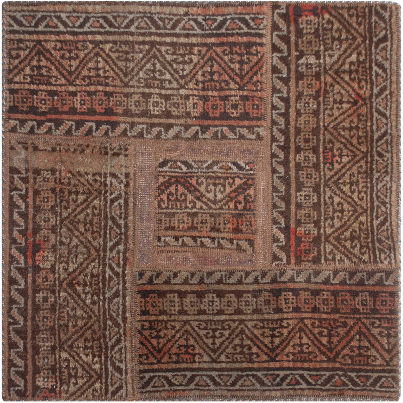 Tapis Persan Vintage Patchwork Noué à la Main Carré Marron