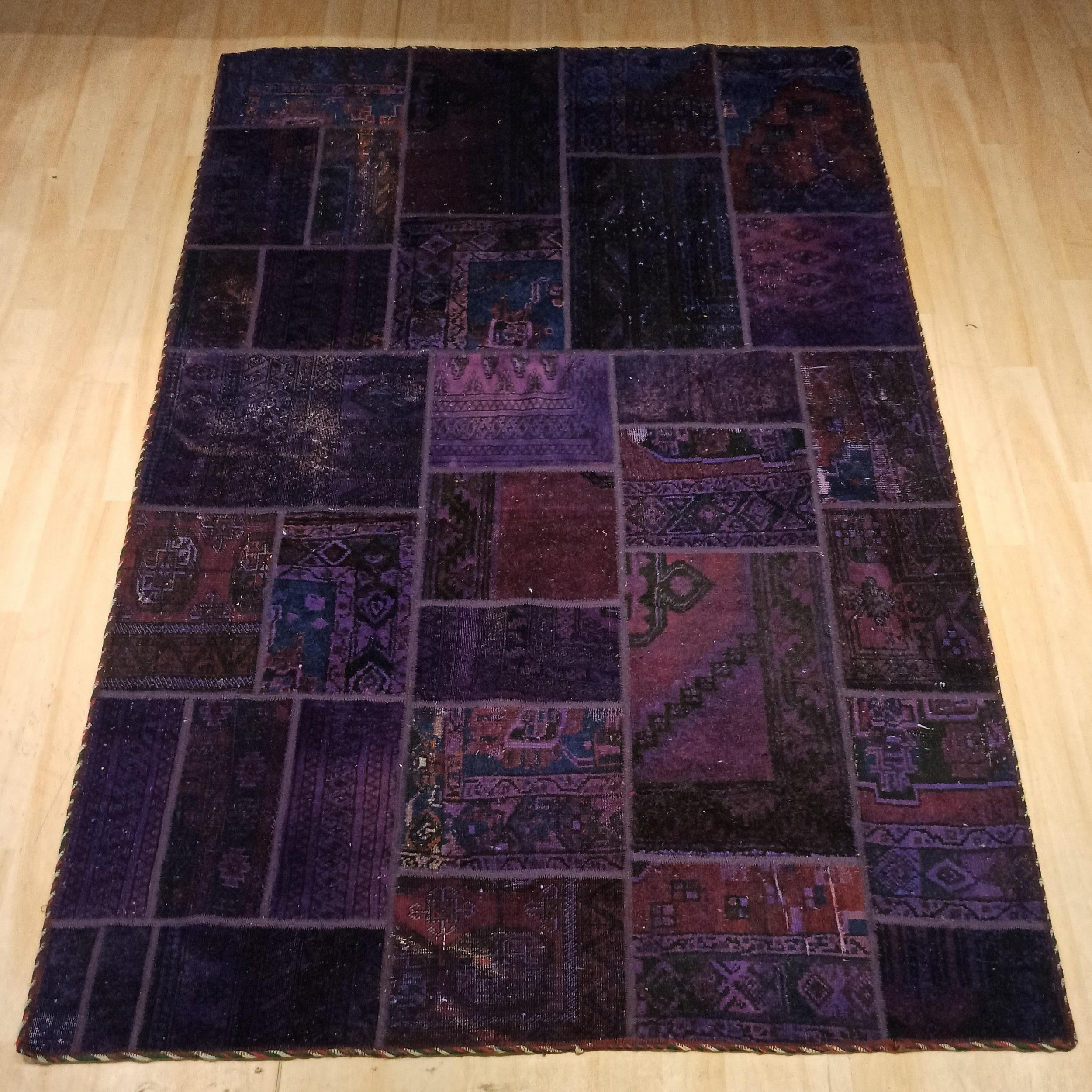 Tapis Persan Vintage Patchwork Noué à la Main Violet