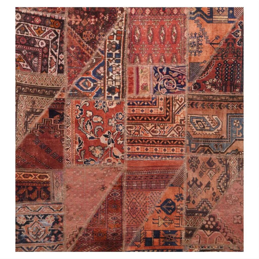 Tapis Persan Vintage Patchwork Noué à la Main Géométrique Rouge Brique
