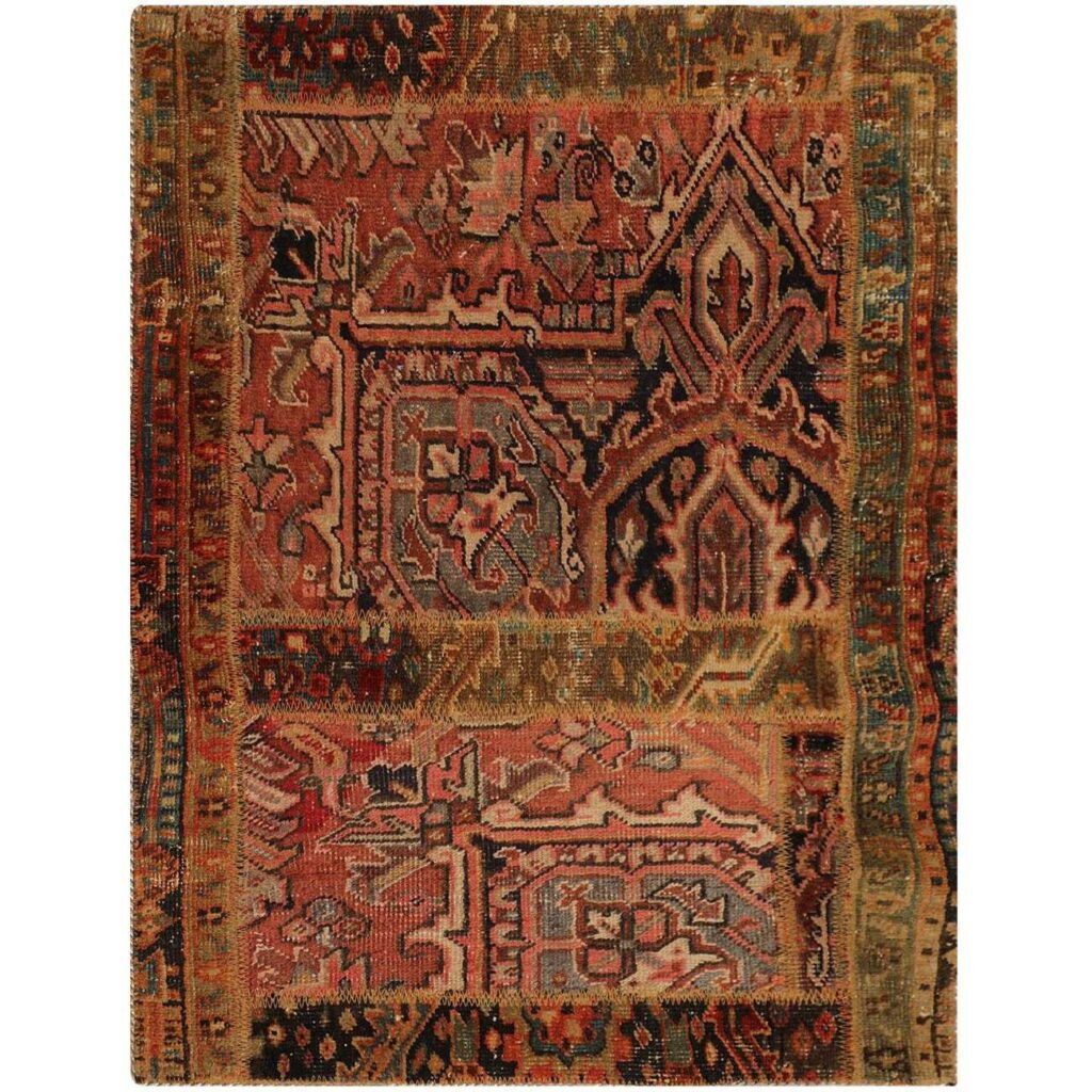 Tapis Persan Vintage Patchwork Noué à la Main Rouge Brique
