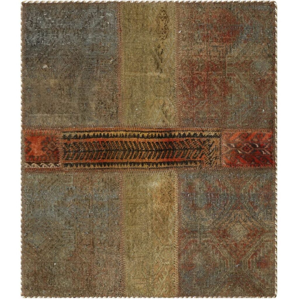 Tapis Persan Vintage Patchwork Noué à la Main Vert