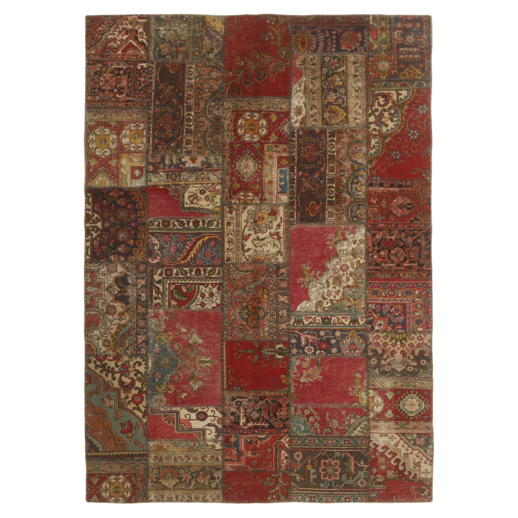 Tapis Persan Vintage Patchwork Noué à la Main Rouge