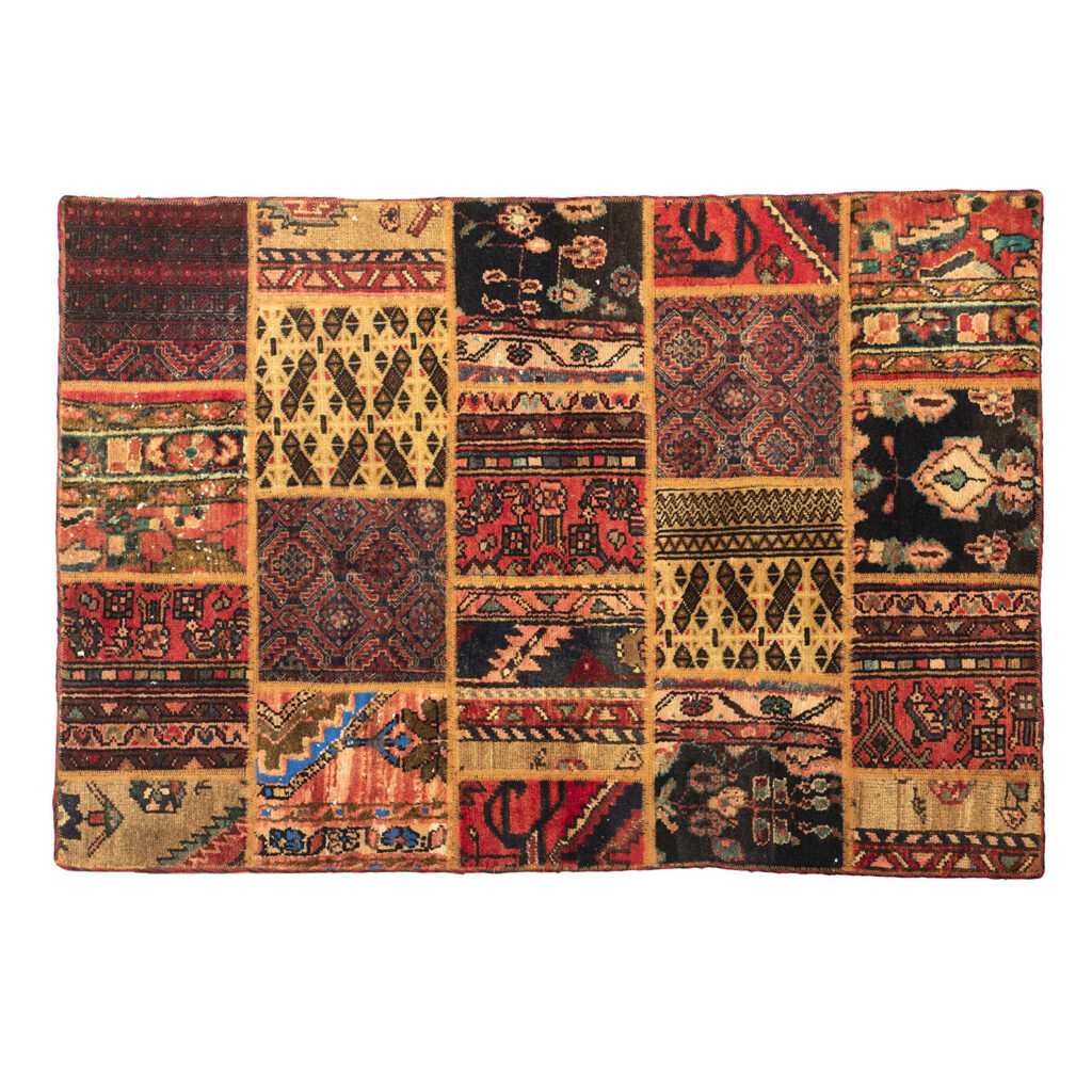 Tapis Persan Vintage Patchwork Noué à la Main Jaune