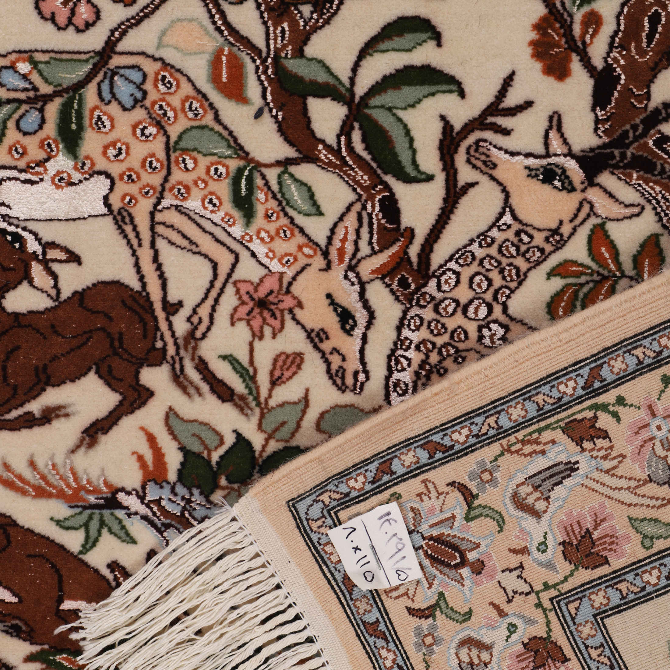 Tapis persan en soie noué à la main à Ispahan cerf & oiseaux crème