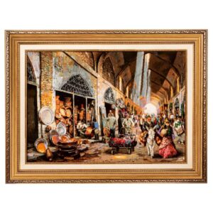 Tapis persan figuratif noué à la main de Tabriz représentant le bazar des chaudronniers